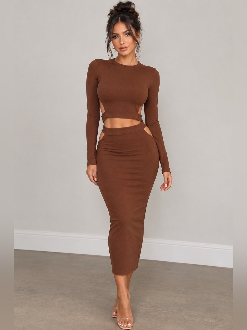 Jlux label Long-Sleeve Cropped Top and Fitted Skirt Set — Brown